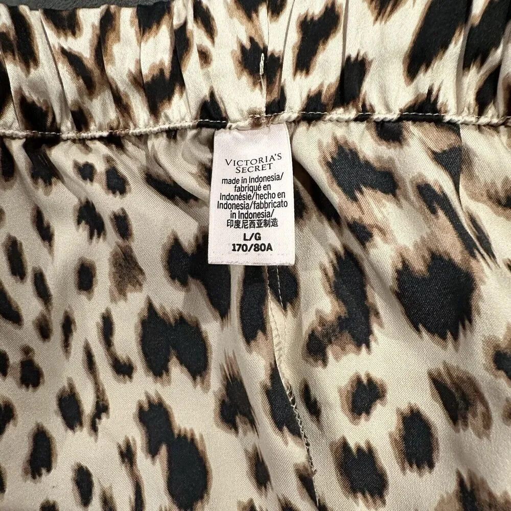 Victoria’s Secret Leopard  Print Silky Satin Drawstring Pajama Lounge Pants Sz L